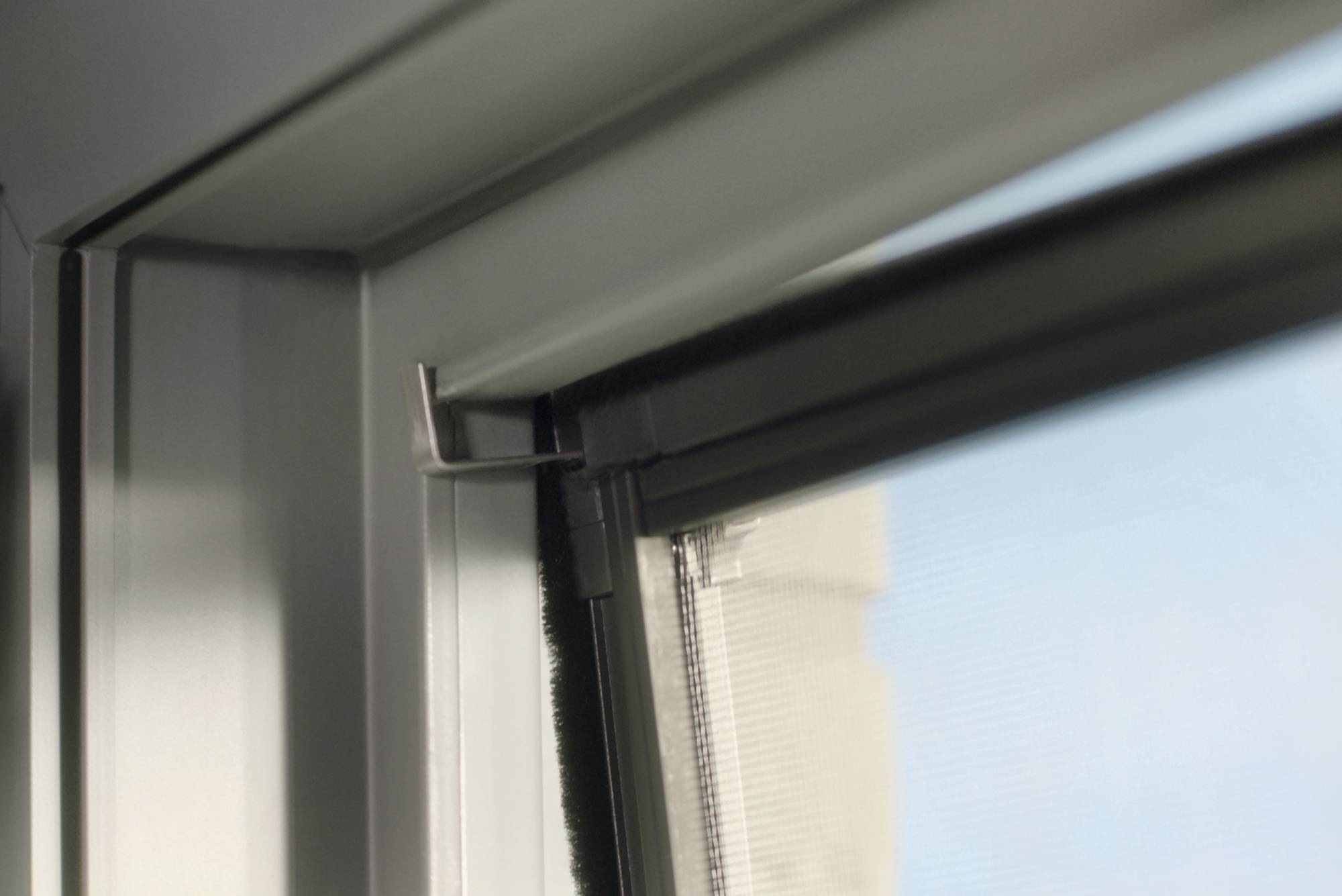 A window with an integrated insect screen, partially open, reveals a clear sky in the background.