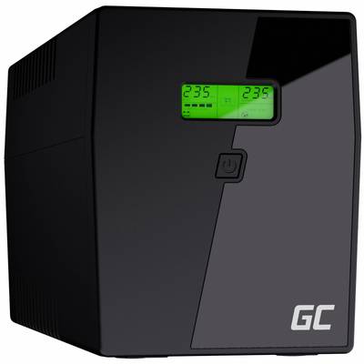 Black UPS (uninterruptible power supply) with digital display at the front, showing numbers. 'GC' brand logo in the bottom right.