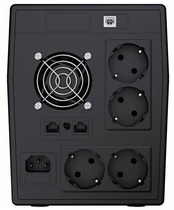 Rear view of an uninterruptible power supply (UPS) with fan, USB port, LAN ports and six power sockets.