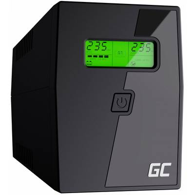 A black UPS device with a green display shows '235' volts and 'AP'.