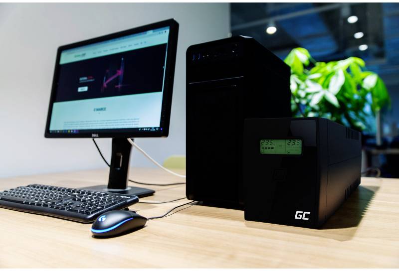 Workstation with a desktop computer, keyboard, mouse and uninterruptible power supply on a wooden desk, with plants in the background.