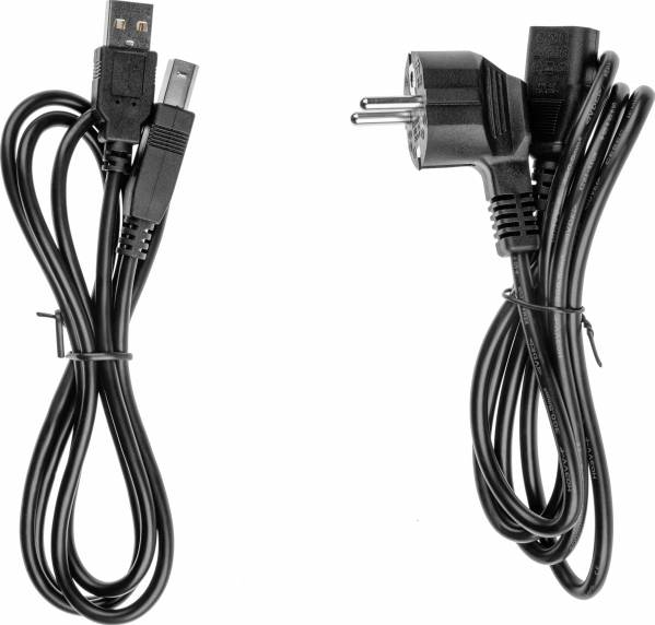 Two black cables: On the left, a USB cable, on the right, a power cable with a European plug.