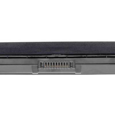 Rear view of a laptop battery with visible connecting terminals in the centre.