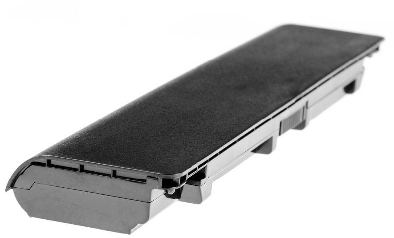 Black laptop battery in a rectangular, slim form, on a white background.