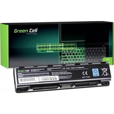 Battery pack with computer in the background, brand 'Green Cell', capacity 4400mAh, voltage 10.8V, suitable for various laptop models.