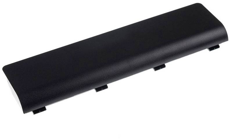 A black laptop battery without specific markings or visible connections, lying on a white surface.