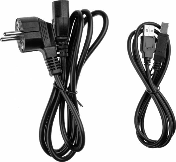 Two cables: on the left, a black power cable with a Schuko plug, on the right, a black USB cable with USB-A and USB-B plugs.
