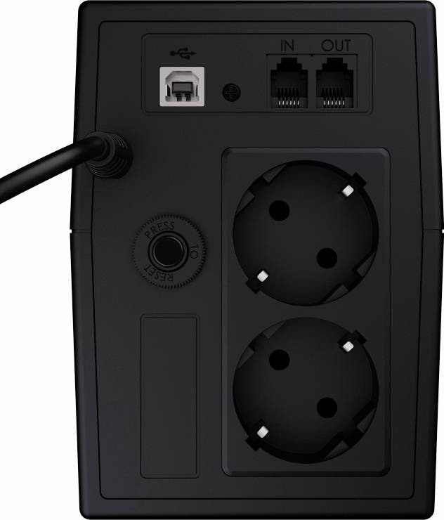 Two plug sockets and connections for USB and network on the black rear panel of an electronic device.