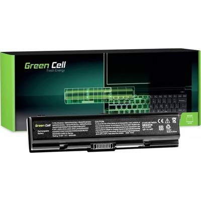 Laptop battery with packaging. Text on packaging reads 'Green Cell Fresh Energy'. Packaging displays a green energy symbol laptop.