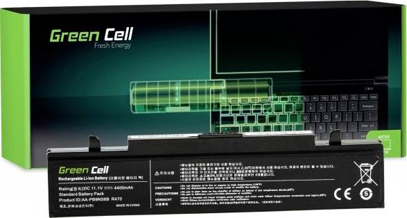A Green Cell laptop battery with packaging. The battery has a voltage of 11.1 V and a capacity of 4400 mAh.