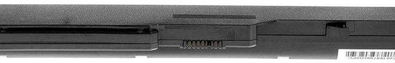 Battery connection of a laptop battery, showing the plug contacts on the underside for connecting to the laptop.