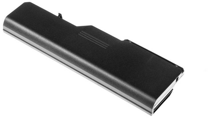 A black laptop battery, rectangular in shape, with a visible connector on the right side.