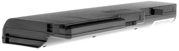 Black laptop battery in a rectangular shape, side view. It has connectors and ventilation slots, suitable for specific laptops.