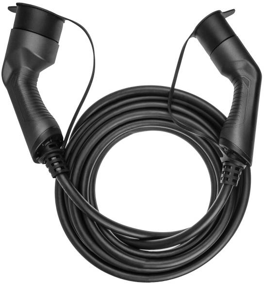 A coiled black charging cable for electric vehicles with plugs at both ends, against a white background.