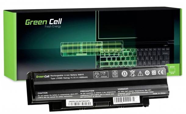 A rechargeable lithium-ion laptop battery with packaging from Green Cell. Label reads: 'Fresh Energy'. Battery with technical specifications.