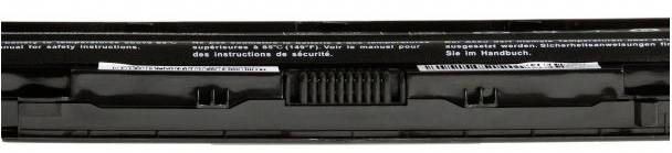 Underside of a black battery compartment with two white labels and ventilation slots. Safety instructions and user guidelines visible.