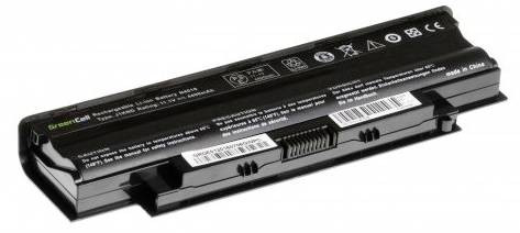 Black laptop battery with multiple connection contacts. Symbols and technical specifications are printed in white text on the top surface.