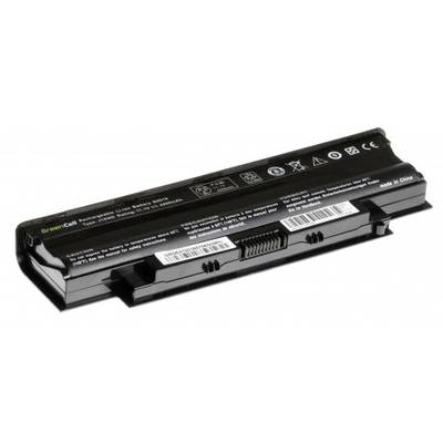 Black laptop battery with multiple connection contacts. Symbols and technical specifications are printed in white text on the top surface.