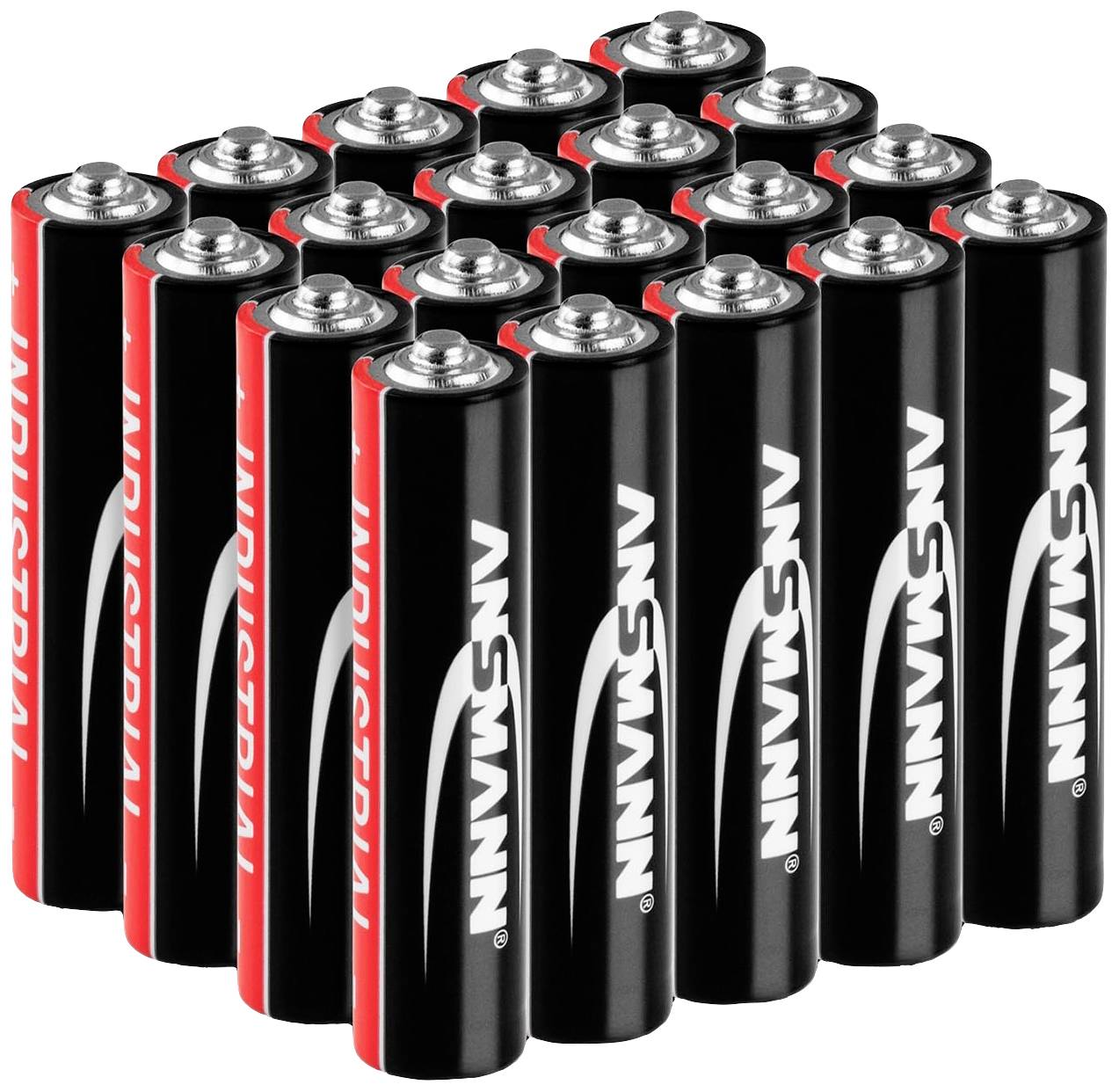 Several AA batteries from the Ansmann brand, arranged side by side in a grid pattern.