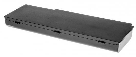 A rectangular, black laptop battery lying on a white surface. The battery has several small socket ports on its side.