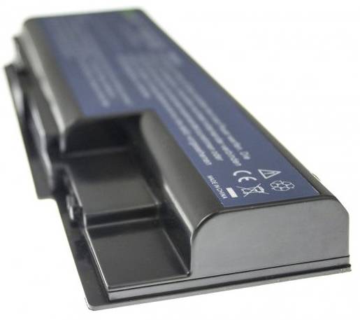 A laptop battery with a black plastic casing, displaying instructions and symbols for correct disposal and usage safety.