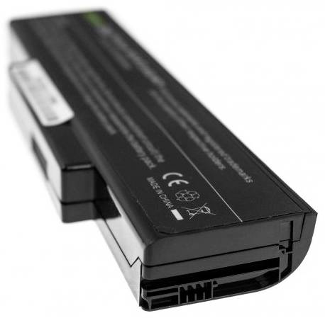 Lithium-ion laptop battery, black, with information label and recycling and disposal symbols.