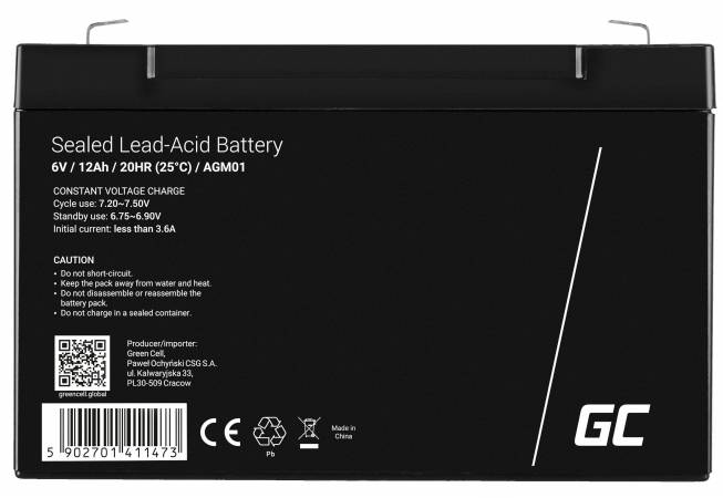 'Black-cased AGM battery by GC, Capacity: 12Ah, Voltage: 6V. Precautions: Do not short-circuit or dismantle.'