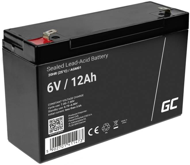 Black, sealed lead-acid battery, 6V, 12Ah, with specifications and symbols on the front.