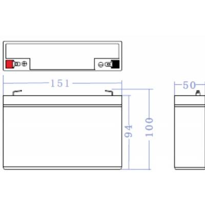 'Diagram of a rectangular battery with dimensions: length 151 mm, height 100 mm, width 50 mm. Terminals are marked on top, red for positive.'