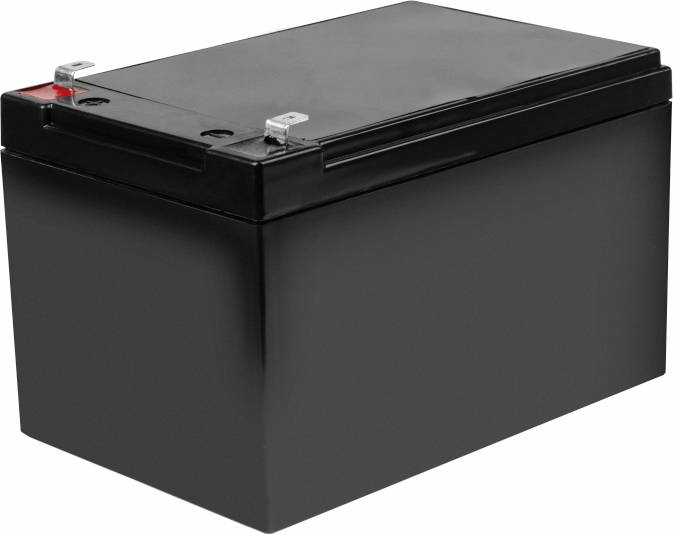 Black rectangular car battery with a red and a black terminal on top.