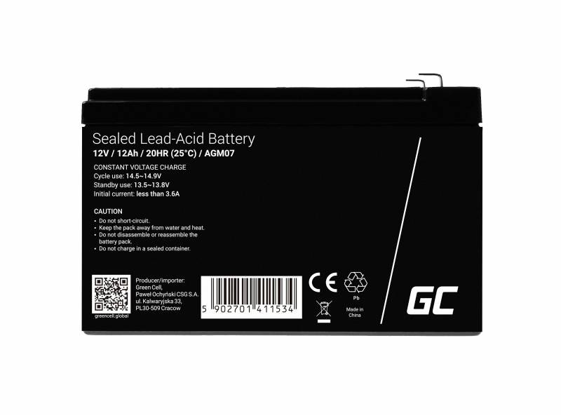 A sealed lead-acid battery, 12V, 12Ah, for cyclic voltage charging 14.5–14.9V. Inscription: Precautionary notes and manufacturer information.