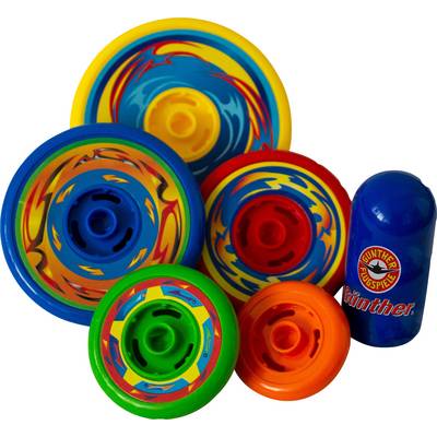 Colourful, circular toy rotors in various sizes and colours, arranged beside a cylindrical throwing game.
