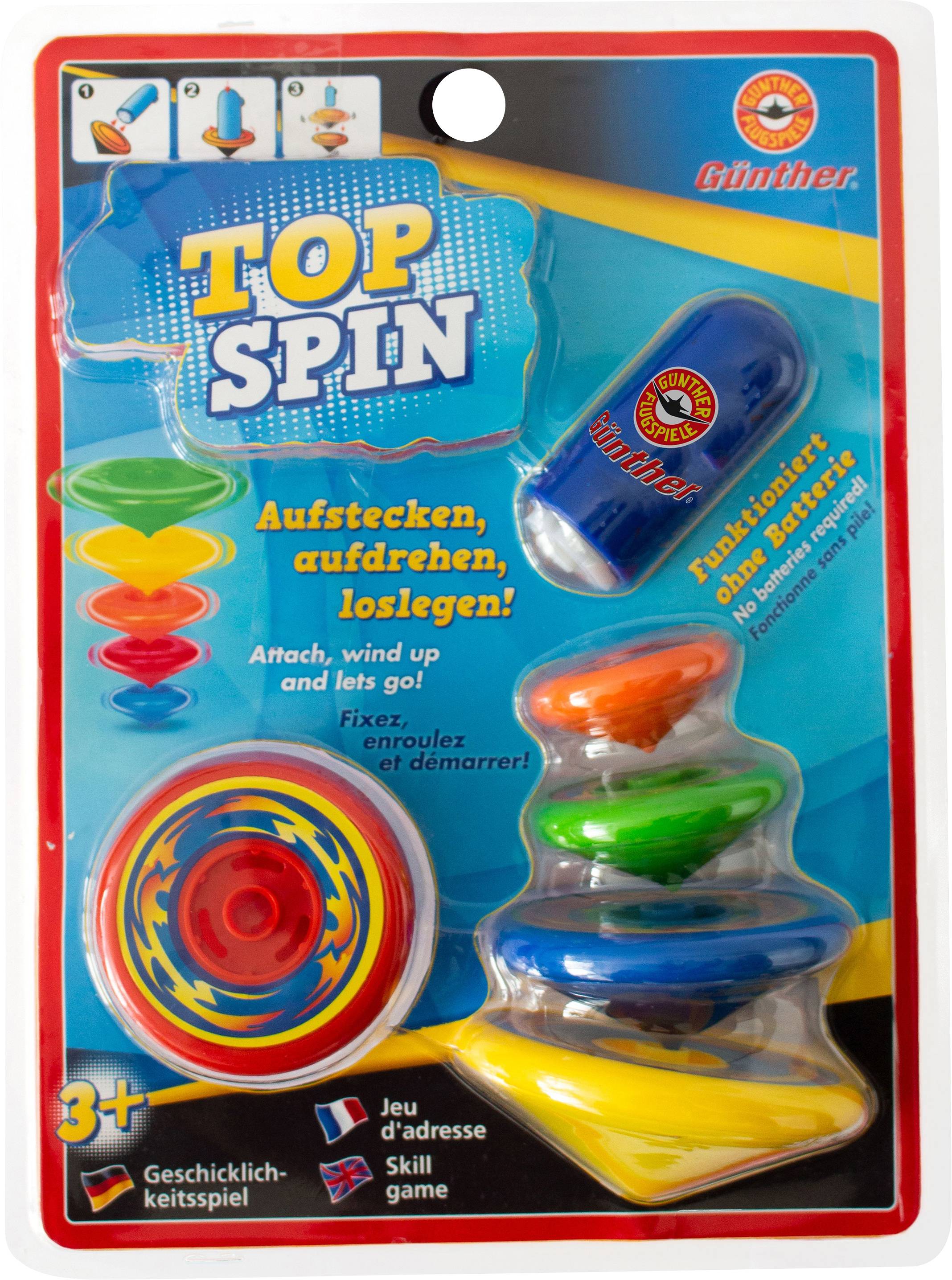 Packaging for a skill game 'Top Spin' with spinning tops. Text: 'Attach, twist, get playing! Works without batteries'. Suitable for ages 3 and up.