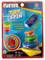 Packaging for a skill game 'Top Spin' with spinning tops. Text: 'Attach, twist, get playing! Works without batteries'. Suitable for ages 3 and up.