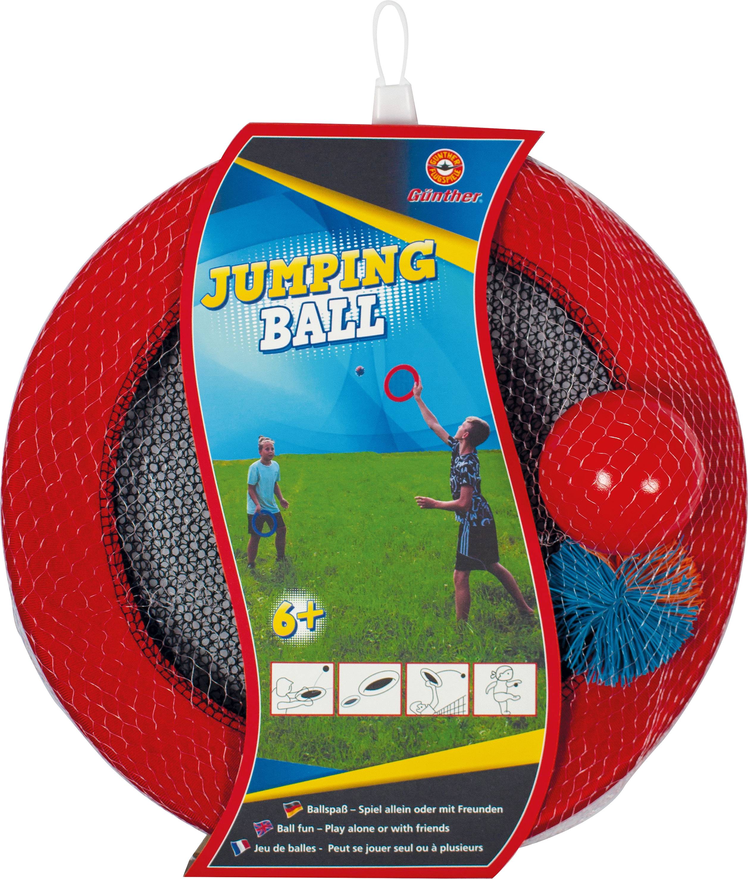 Red Jumping Ball in a net with instruction label. Label reads 'Jumping Ball', suitable for ages 6 and up. Illustrations demonstrate throwing and catching techniques.