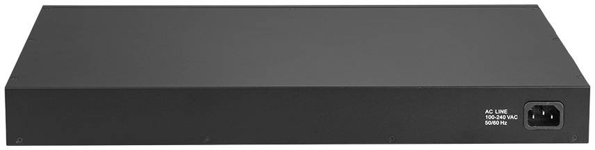 A rectangular, black electronic device with a connection panel and power socket on the right-hand side.