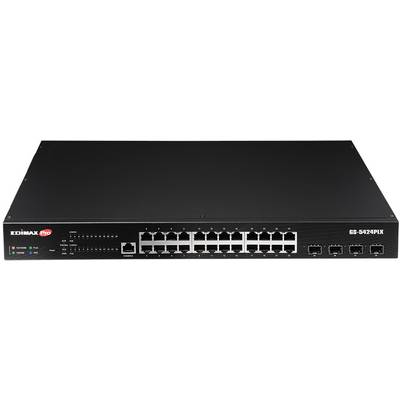 Network switch with 24 Ethernet ports and 4 additional fibre optic connection ports on a black chassis.