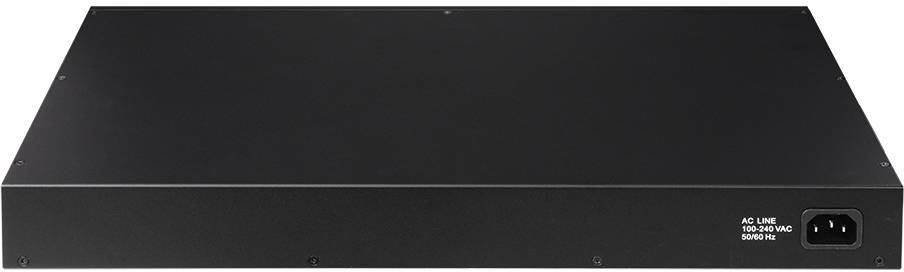 A black, rectangular electronic device made of metal, possibly a server or network equipment, with a network port located at the back right.