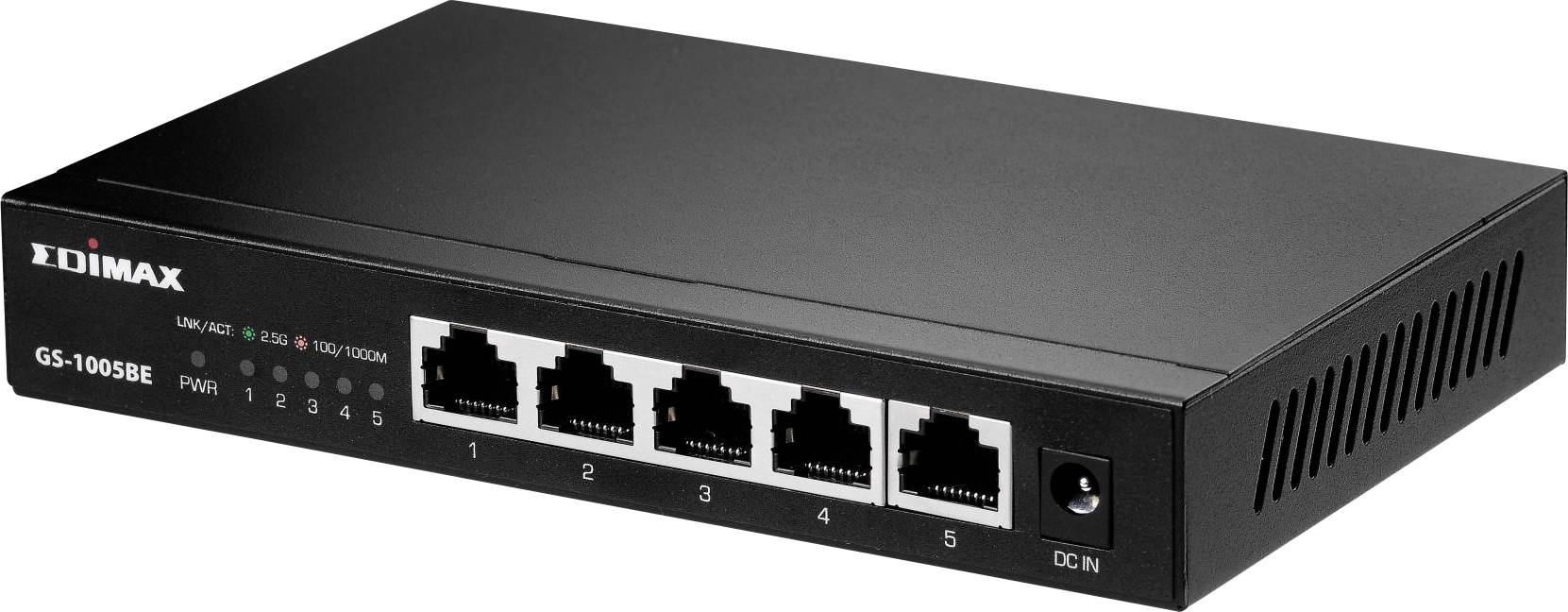 A black network switch from Edimax with five Ethernet ports on the front. LED indicators show status for power and network connections.