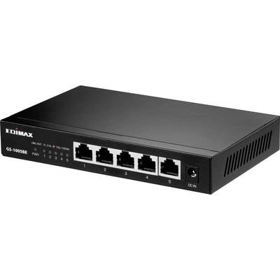 A black network switch from Edimax with five Ethernet ports on the front. LED indicators show status for power and network connections.