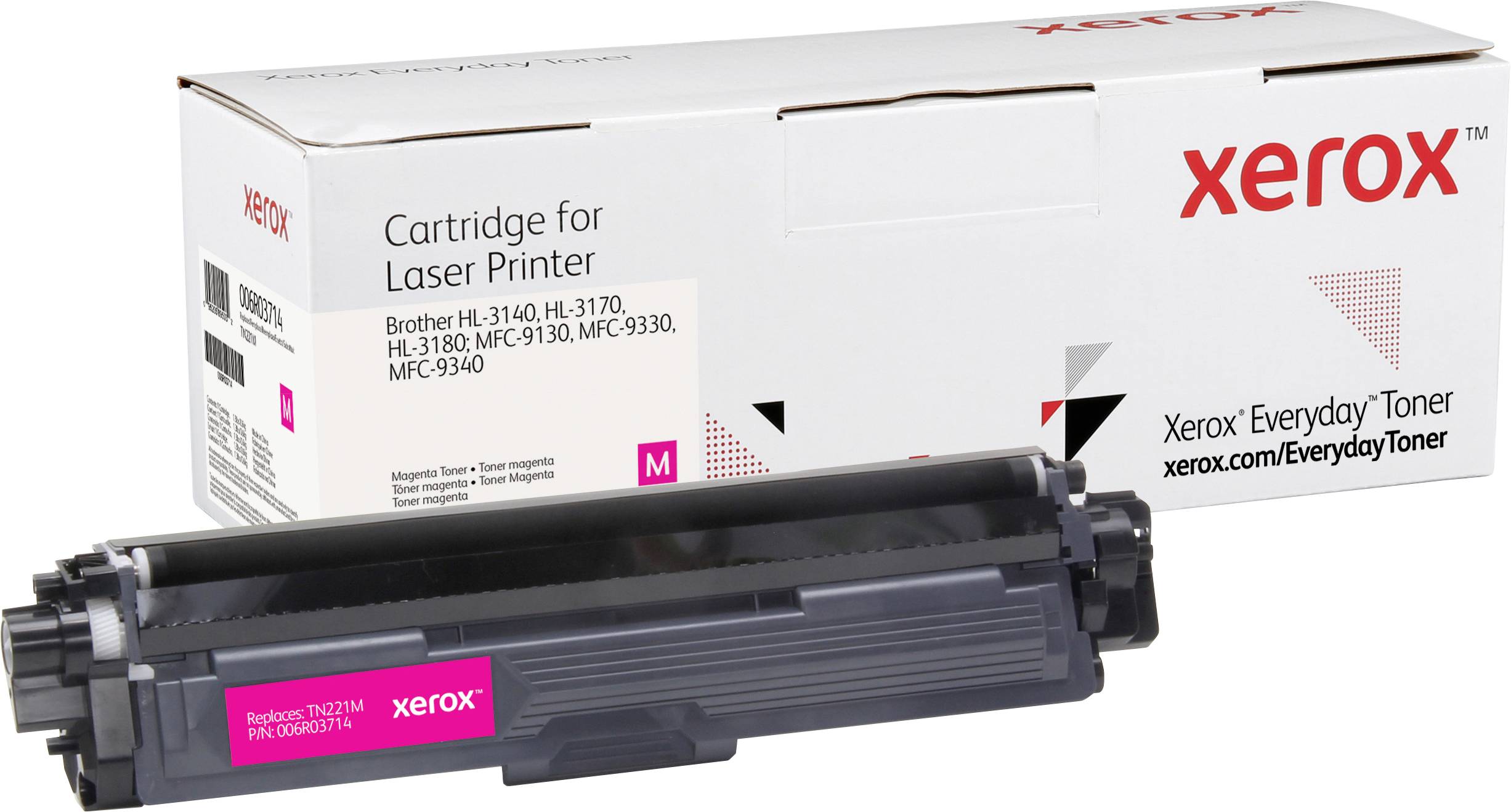 'Black toner cartridge and packaging by Xerox for laser printers, compatible with multiple Brother models, on white background.'