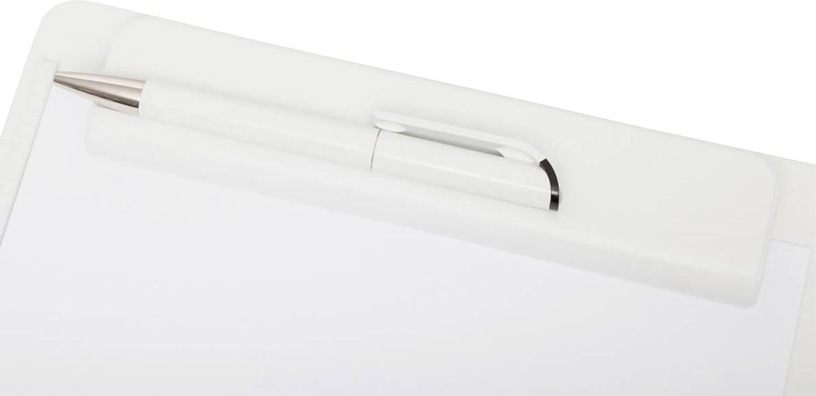 A white plastic clipboard clip is holding a blank piece of paper. A white ballpoint pen is inserted at the top.