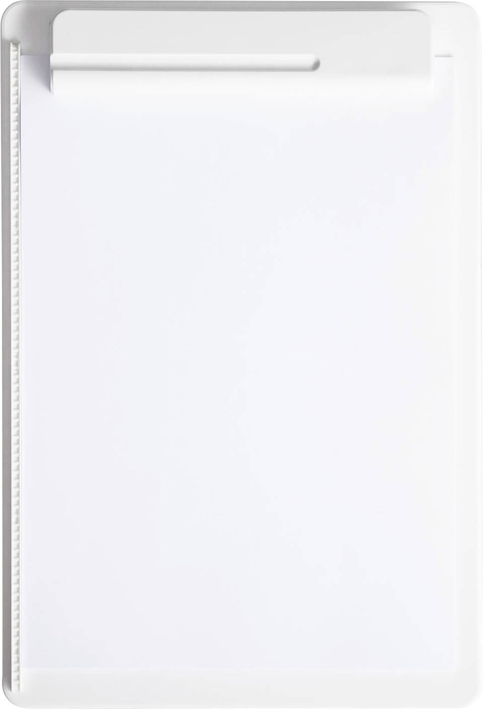 A blank white clipboard, vertically positioned, with a metal clip at the top for securing paper.