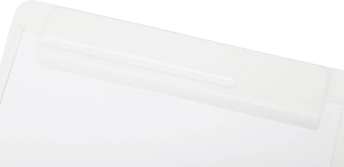A white clipboard with a clip at the top, holding blank sheets of paper.