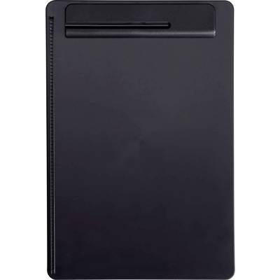 A black plastic clipboard with a clip at the top edge, typical for holding papers or forms.