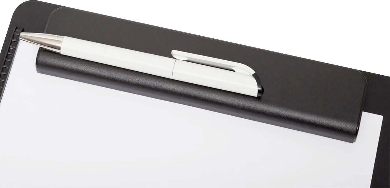 A black clipboard clip with a white ballpoint pen resting on top, placed on a smooth, white surface.
