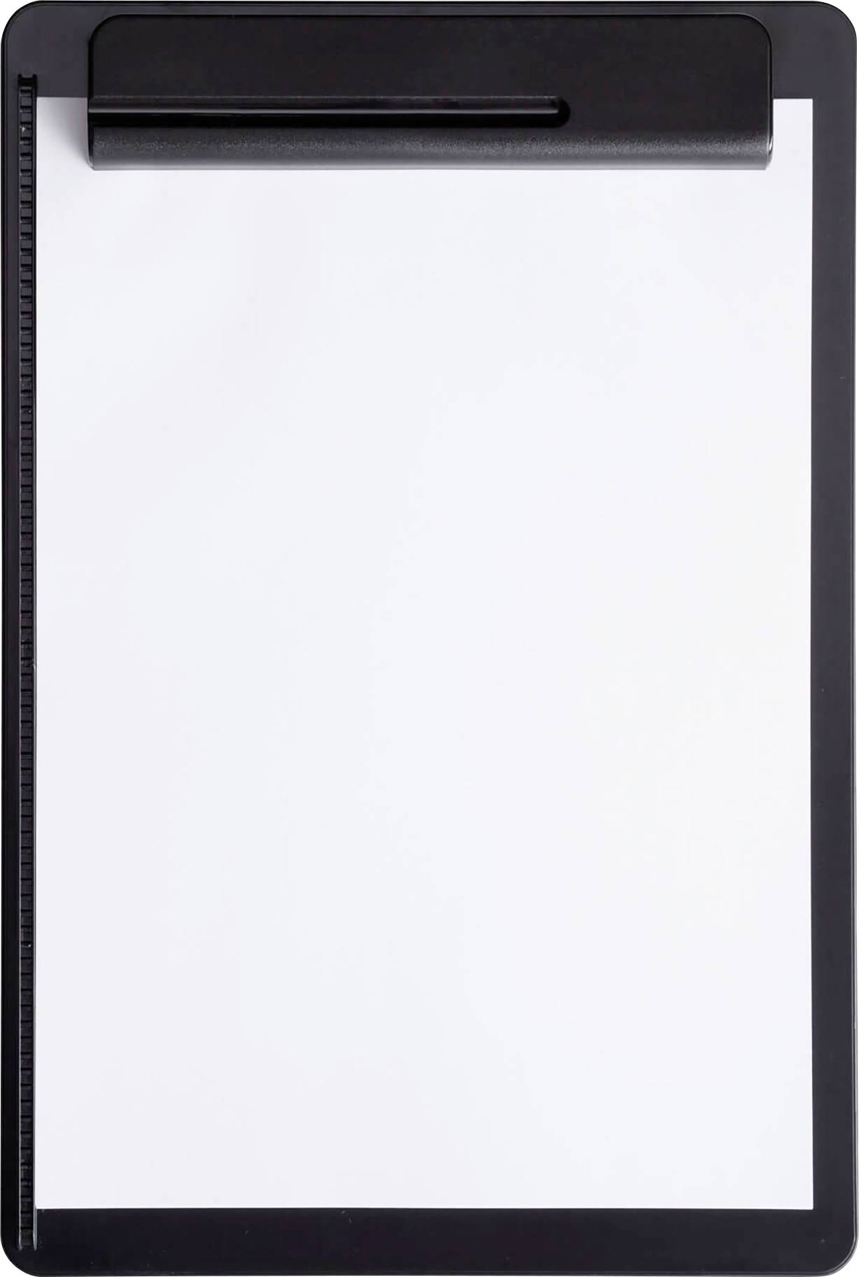 A black clipboard with an empty white piece of paper, ready for writing or drawing.