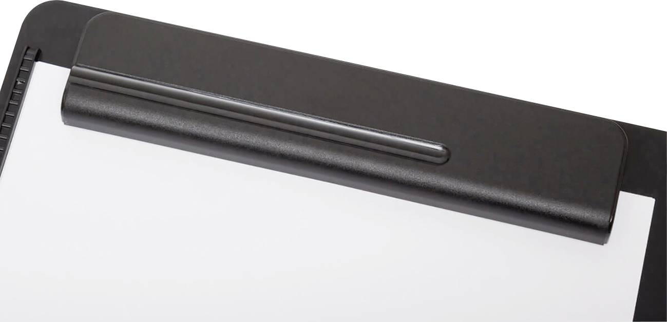Clipboard with a clip holding paper. Ideal for taking notes and organising documents.