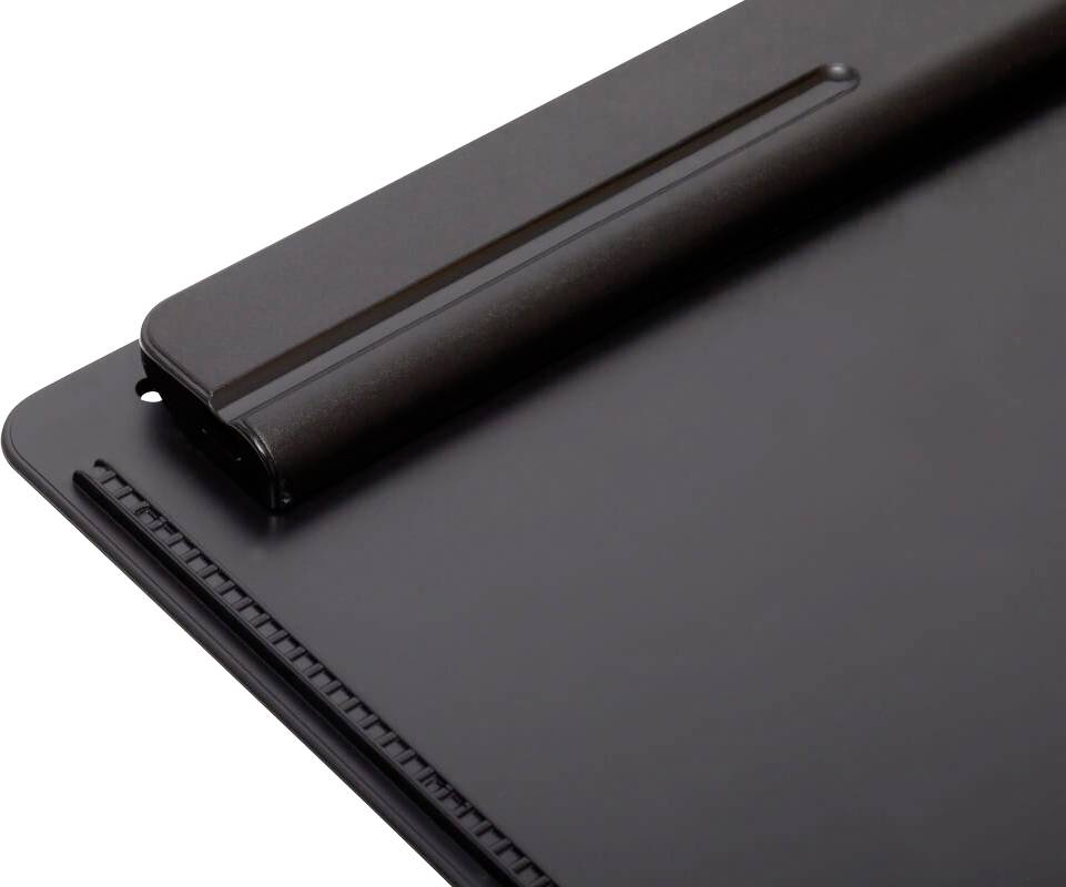 A black notebook with a pen loop and ruler along the edge, suitable for organising documents and writing materials.