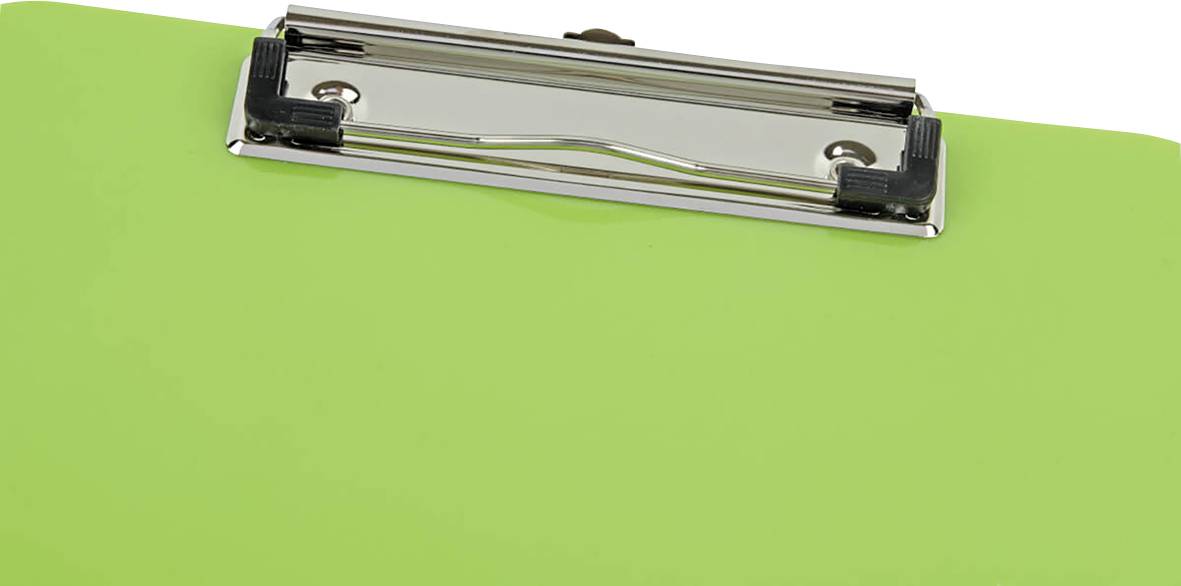 Green clipboard with a silver clip at the top, blank and ready for writing or attaching paper.